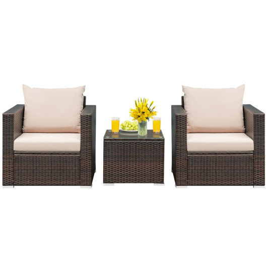 3 Pcs Patio Conversation Rattan Furniture Set with Cushion - Beige