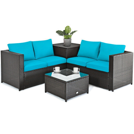 4 Pieces Outdoor Patio Rattan Furniture Set with Cushioned Loveseat and Storage Box - Turquoise