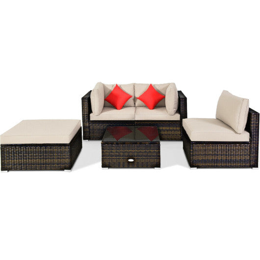 5 Pieces Outdoor Patio Rattan Furniture Set with Cushions - Beige
