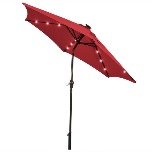 9 Feet Solar LED Lighted Patio Market Umbrella Tilt Adjustment Crank Lift - Dark Red