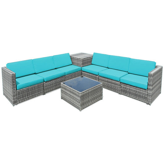 8 Piece Wicker Sofa Rattan Dinning Set Patio Furniture with Storage Table - Turquoise