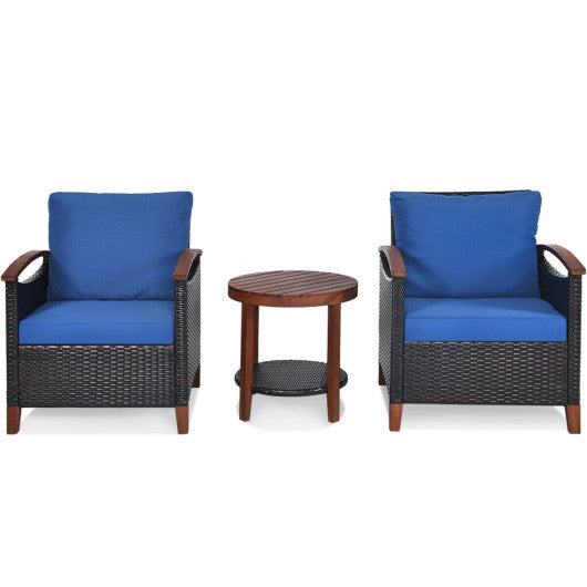 3 Pieces Patio Rattan Furniture Set with Washable Cushion and Acacia Wood Tabletop - Blue