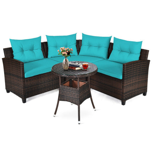 4 Pieces Outdoor Cushioned Rattan Furniture Set - Turquoise