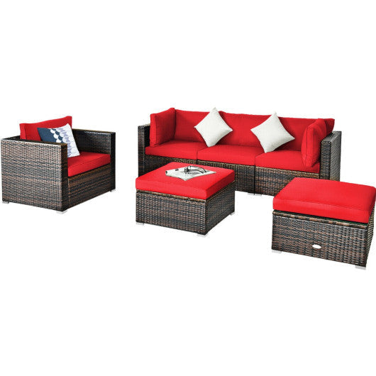 6 PCS Patio Rattan Furniture Set with Sectional Cushion - Red