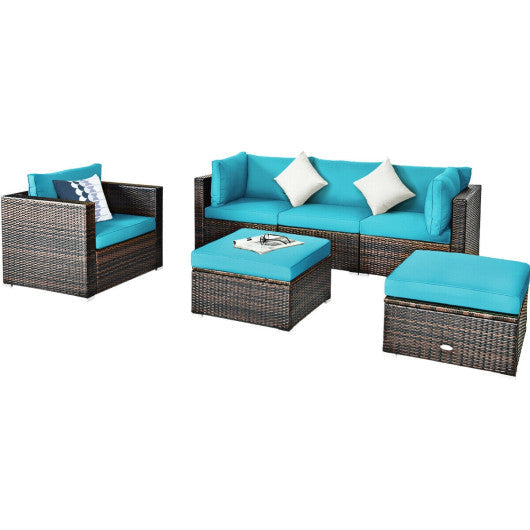 6 PCS Patio Rattan Furniture Set with Sectional Cushion - Turquoise