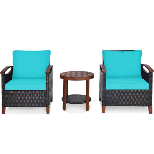 3 Pieces Patio Rattan Furniture Set with Washable Cushion and Acacia Wood Tabletop - Turquoise