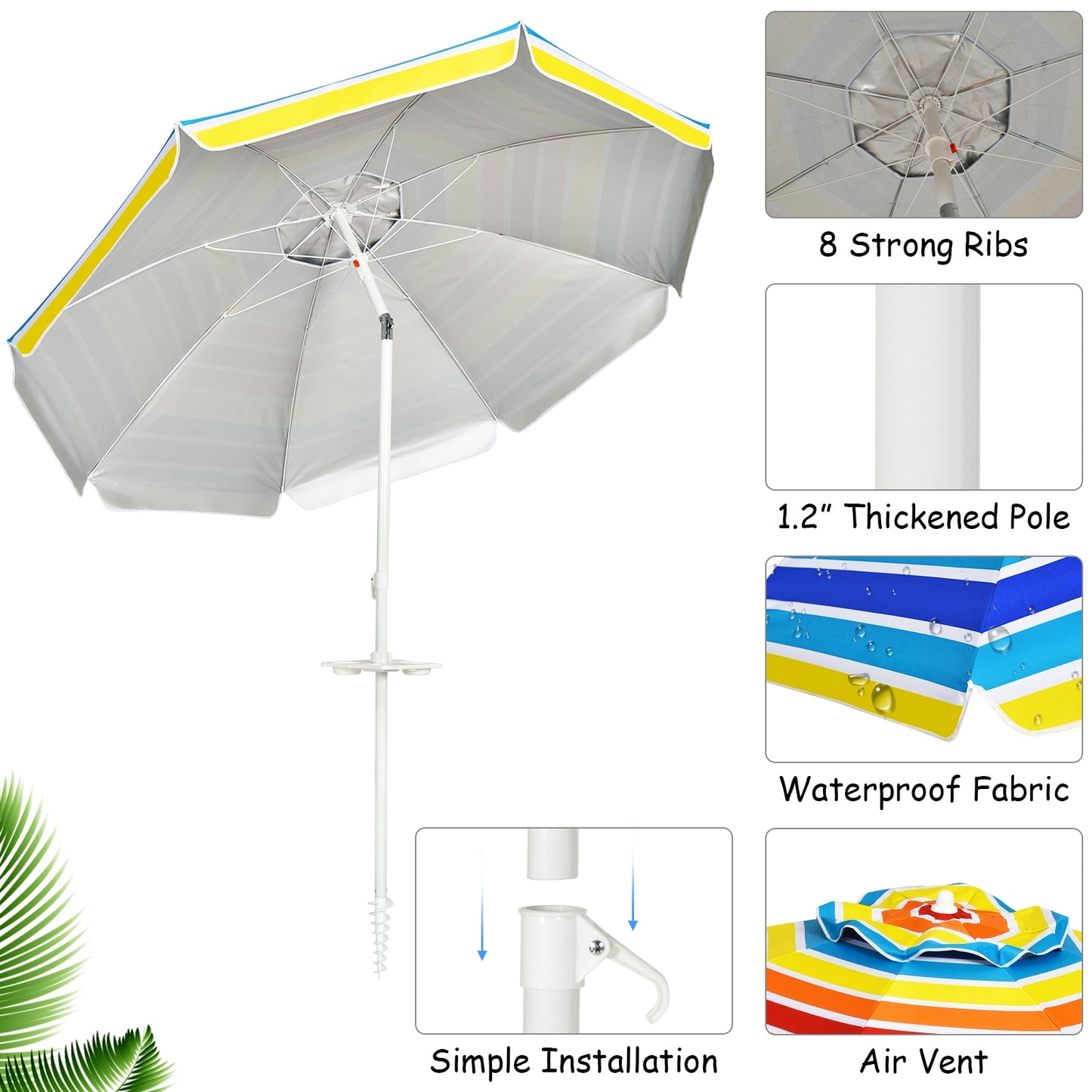 7.2 FT Portable Outdoor Beach Umbrella with Sand Anchor and Tilt Mechanism