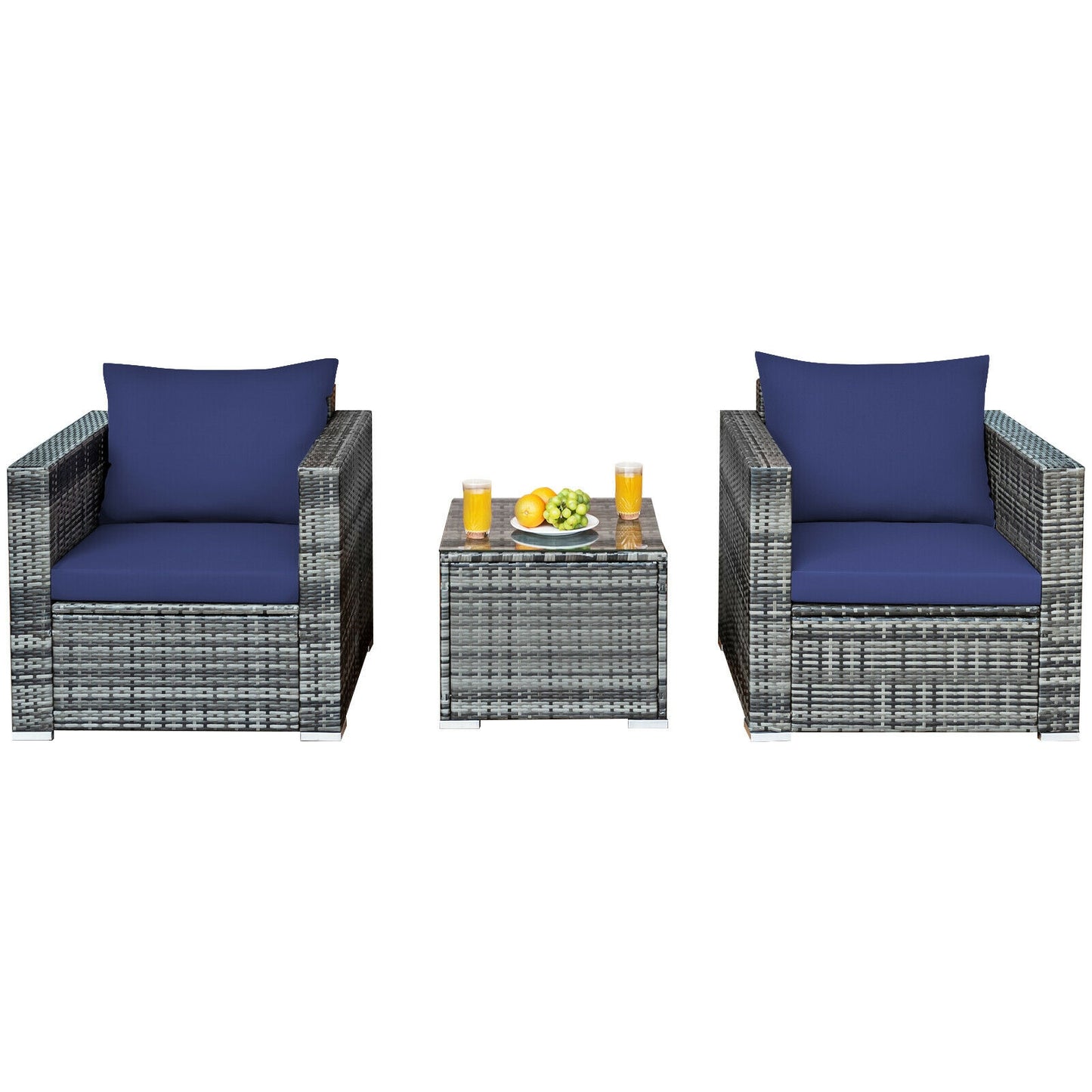 3 Pcs Patio Rattan Furniture Bistro Sofa Set with Cushioned