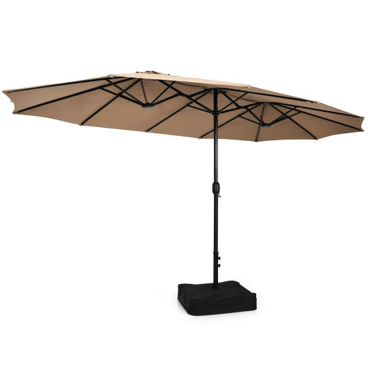 15 Feet Double-Sided Twin Patio Umbrella with Crank and Base - Brown