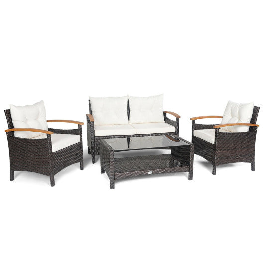 4 Pieces Patio Rattan Furniture Set with Cushioned Sofa and Storage Table - White