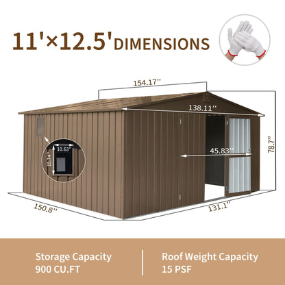 11FT x 12FT Alora Outdoor Backyard Storage Metal Shed with Galvanized Steel Frame, Windows, and Lockable Doors