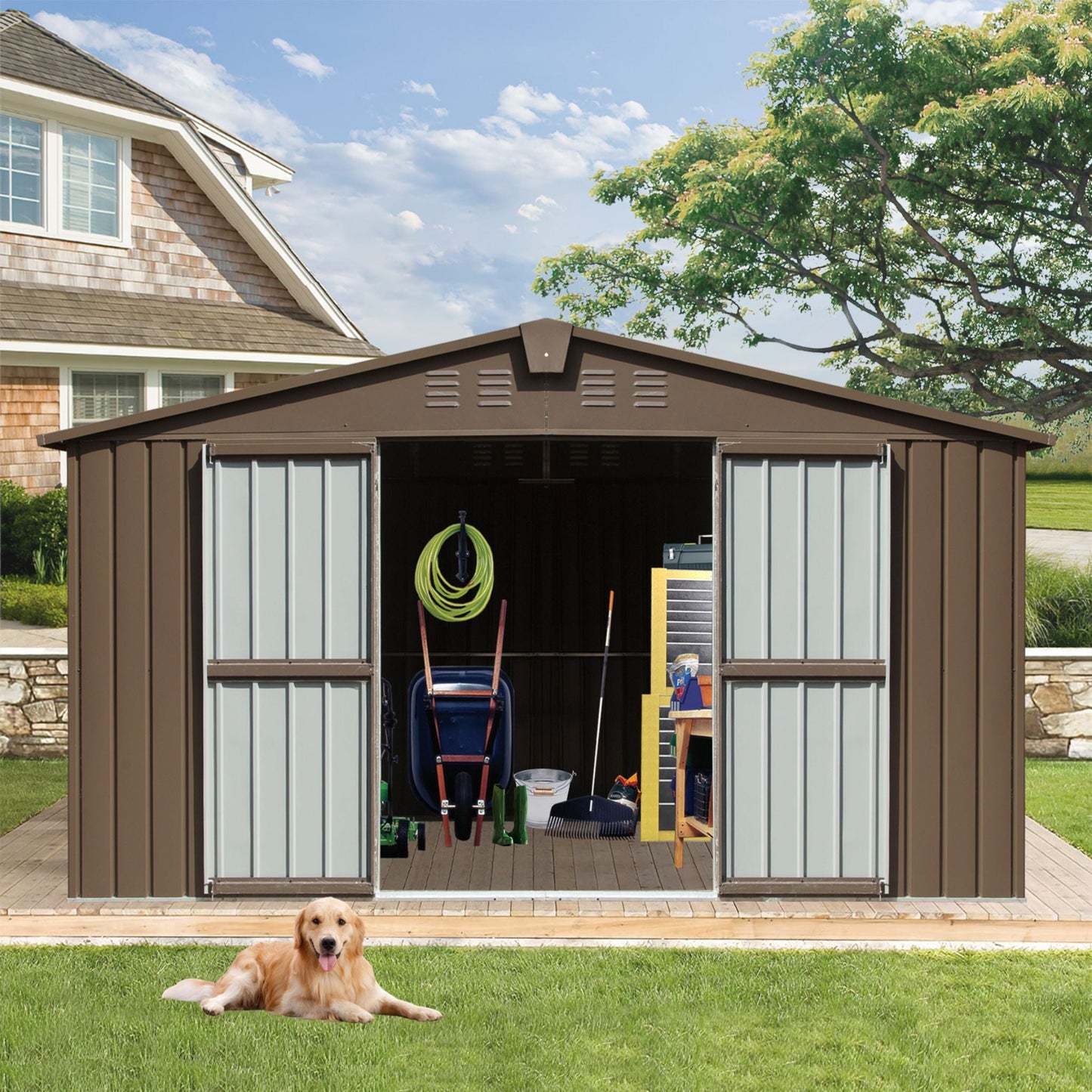 11FT x 12FT Alora Outdoor Backyard Storage Metal Shed with Galvanized Steel Frame, Windows, and Lockable Doors