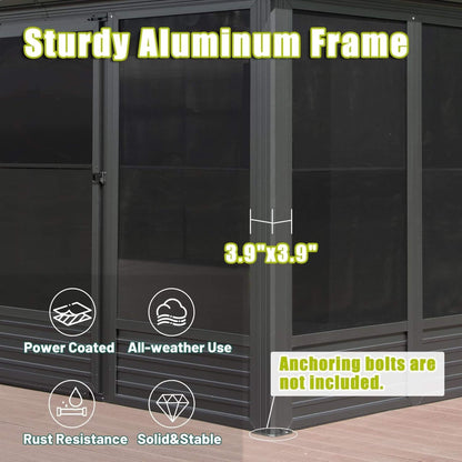 11' x 14' Premium Four Season Outdoor Aluminum Hardtop Gazebo Sunroom With Galvanized Steel Roof, Sliding Doors And Movable PVC Screen Walls