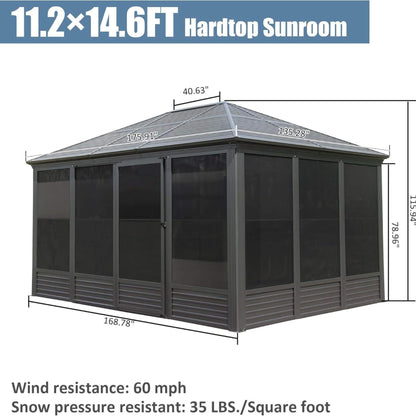 11' x 14' Premium Four Season Outdoor Aluminum Hardtop Gazebo Sunroom With Galvanized Steel Roof, Sliding Doors And Movable PVC Screen Walls