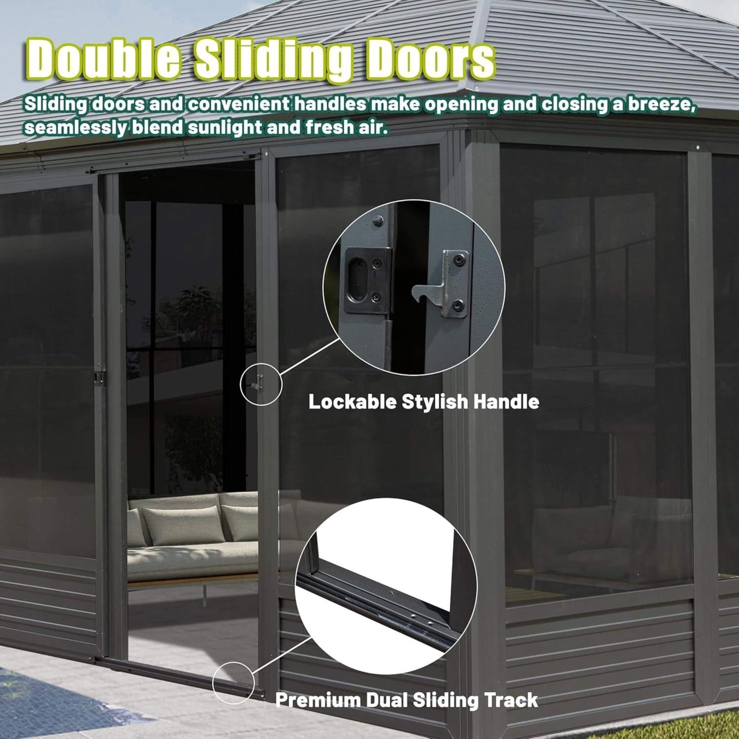 11' x 14' Premium Four Season Outdoor Aluminum Hardtop Gazebo Sunroom With Galvanized Steel Roof, Sliding Doors And Movable PVC Screen Walls