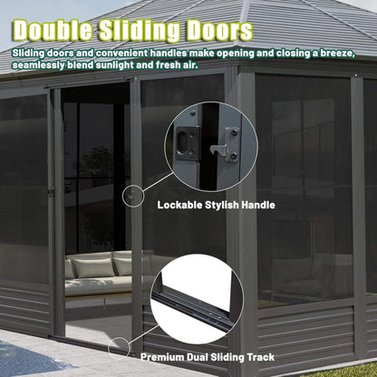 11' x 14' Premium Four Season Outdoor Aluminum Hardtop Gazebo Sunroom With Galvanized Steel Roof, Sliding Doors And Movable PVC Screen Walls