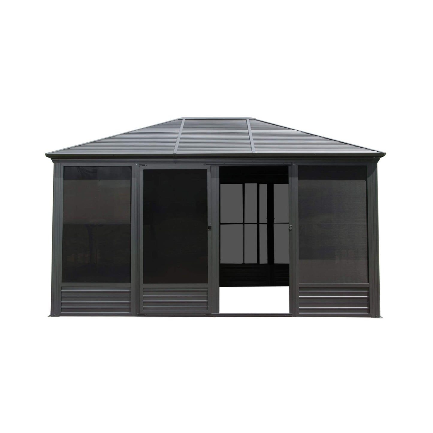 11' x 14' Premium Four Season Outdoor Aluminum Hardtop Gazebo Sunroom With Galvanized Steel Roof, Sliding Doors And Movable PVC Screen Walls