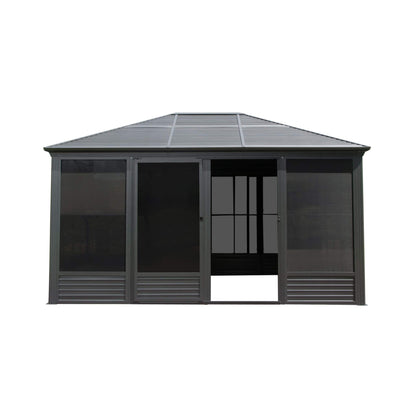 11' x 14' Premium Four Season Outdoor Aluminum Hardtop Gazebo Sunroom With Galvanized Steel Roof, Sliding Doors And Movable PVC Screen Walls