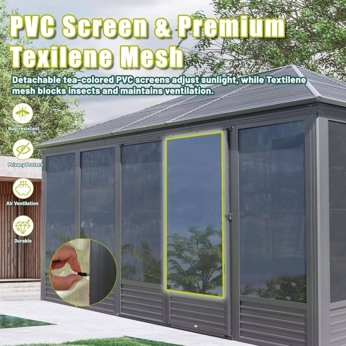 11' x 14' Premium Four Season Outdoor Aluminum Hardtop Gazebo Sunroom With Galvanized Steel Roof, Sliding Doors And Movable PVC Screen Walls