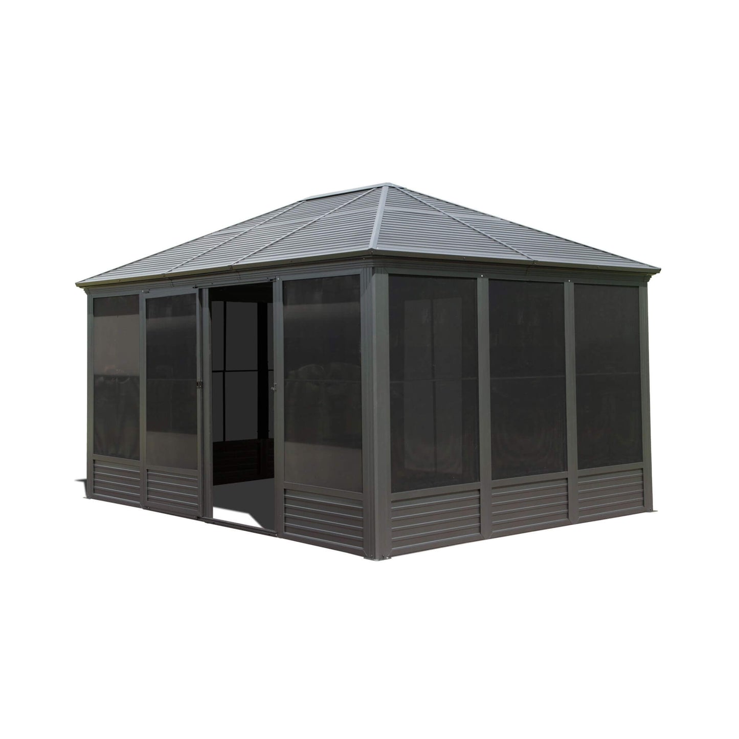 11' x 14' Premium Four Season Outdoor Aluminum Hardtop Gazebo Sunroom With Galvanized Steel Roof, Sliding Doors And Movable PVC Screen Walls