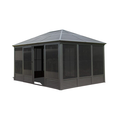 11' x 14' Premium Four Season Outdoor Aluminum Hardtop Gazebo Sunroom With Galvanized Steel Roof, Sliding Doors And Movable PVC Screen Walls