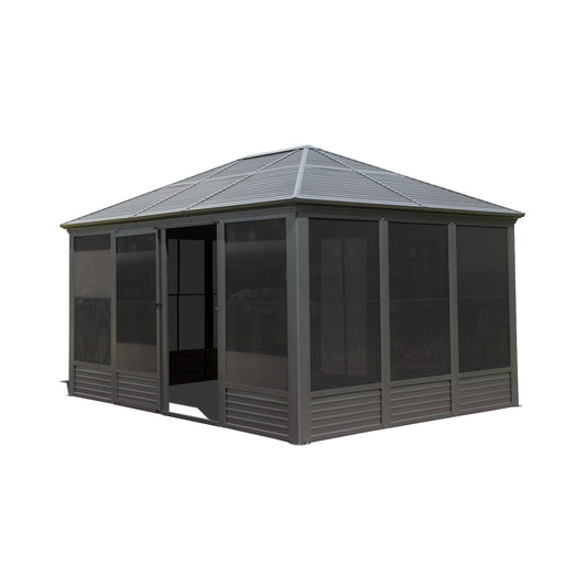 11' x 14' Premium Four Season Outdoor Aluminum Hardtop Gazebo Sunroom With Galvanized Steel Roof, Sliding Doors And Movable PVC Screen Walls