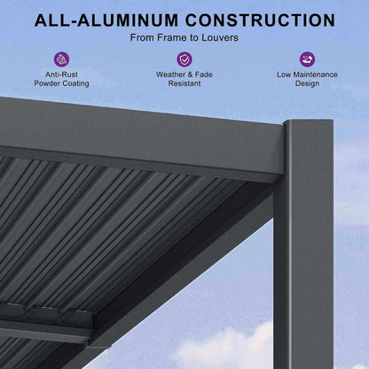 11FT X 18FT Modern Wall-Mounted Louvered Pergola with Aluminum Frame