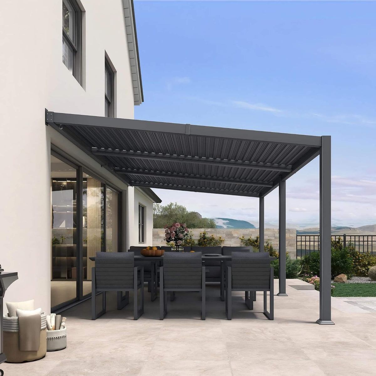 11FT X 18FT Modern Wall-Mounted Louvered Pergola with Aluminum Frame