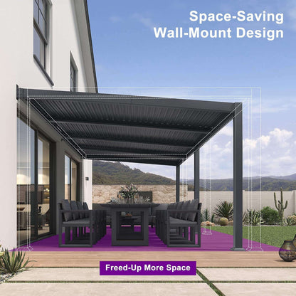 11FT X 18FT Modern Wall-Mounted Louvered Pergola with Aluminum Frame