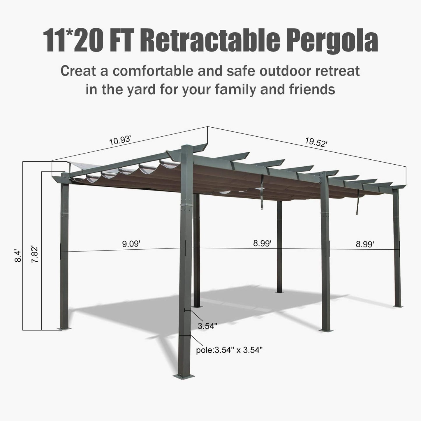 11' x 20' Alora Premium Outdoor Retractable Aluminum Pergola Gazebo With Weather-Resistant Canopy
