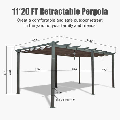 11' x 20' Alora Premium Outdoor Retractable Aluminum Pergola Gazebo With Weather-Resistant Canopy
