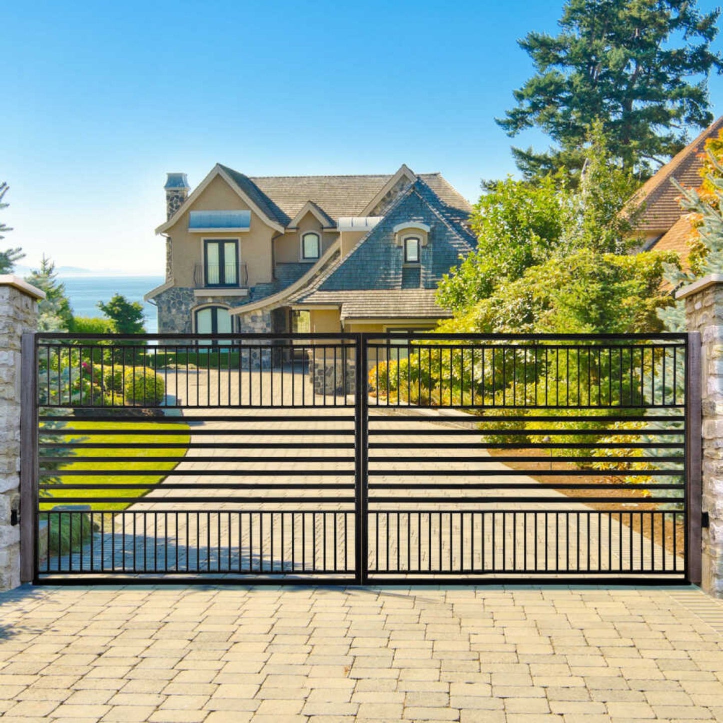 12FT - 18FT Heavy-Duty Barcelona-Style Powder-Coated Steel Galvanized Dual Swing Driveway Gate