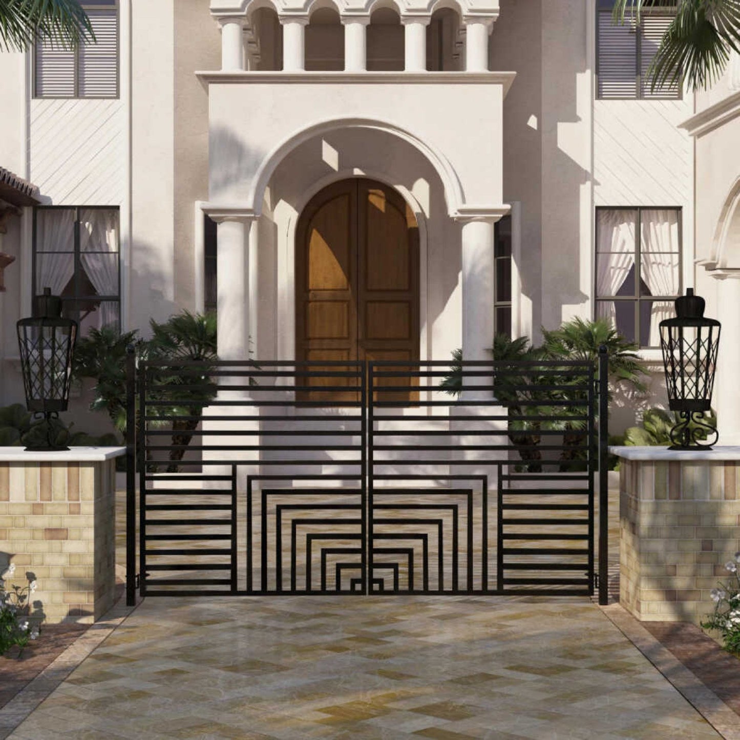 12FT - 18FT Heavy-Duty Florence-Style Powder-Coated Galvanized Steel Dual-Swing Driveway Gate