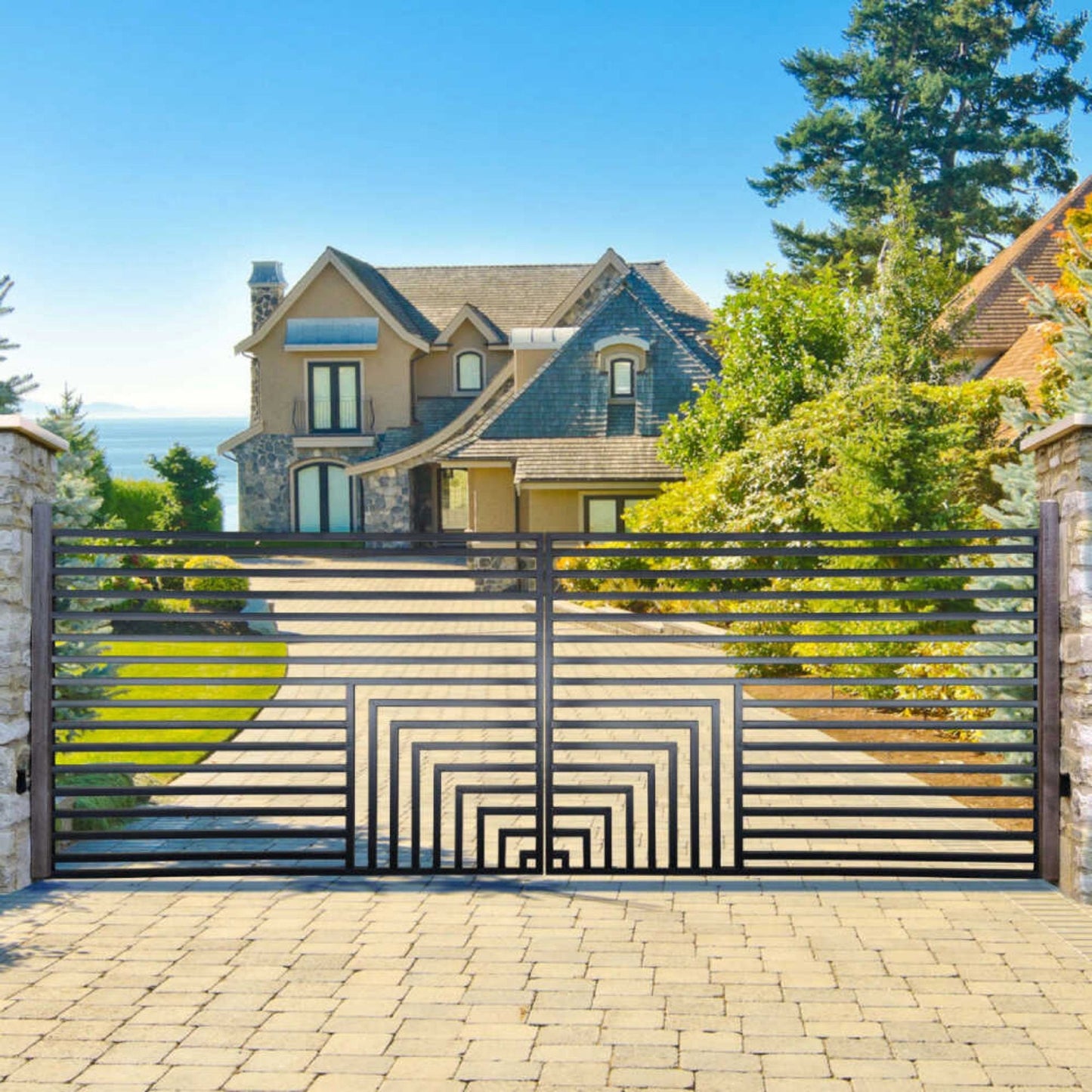 12FT - 18FT Heavy-Duty Florence-Style Powder-Coated Galvanized Steel Dual-Swing Driveway Gate