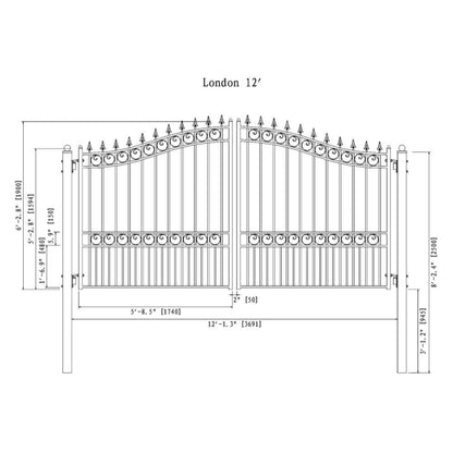 12FT - 18FT Heavy-Duty London-Style Powder-Coated Galvanized Steel Dual-Swing Driveway Gate
