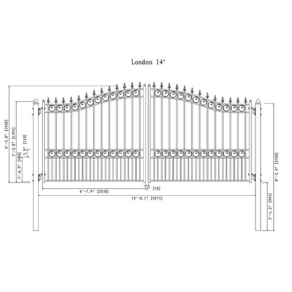 12FT - 18FT Heavy-Duty London-Style Powder-Coated Galvanized Steel Dual-Swing Driveway Gate