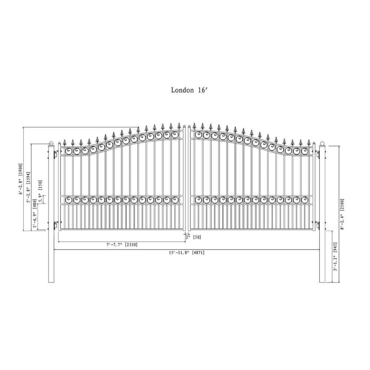 12FT - 18FT Heavy-Duty London-Style Powder-Coated Galvanized Steel Dual-Swing Driveway Gate