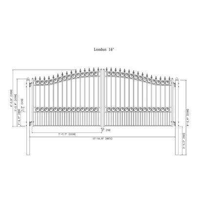 12FT - 18FT Heavy-Duty London-Style Powder-Coated Galvanized Steel Dual-Swing Driveway Gate