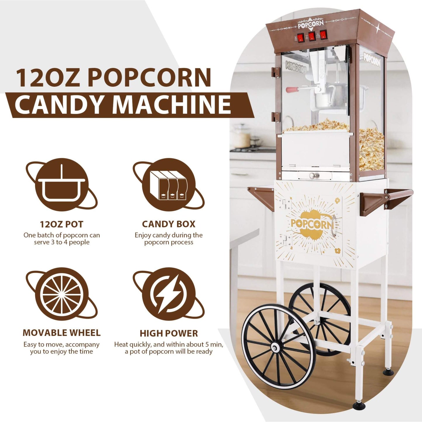 12-Ounce Commercial Retro Popcorn Machine Cart with Candy Boxes