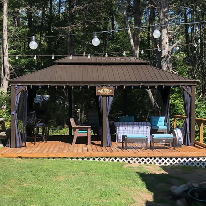 12' x 20' FT Heavy-Duty Outdoor Backyard Hardtop Gazebo With Netting And Curtains