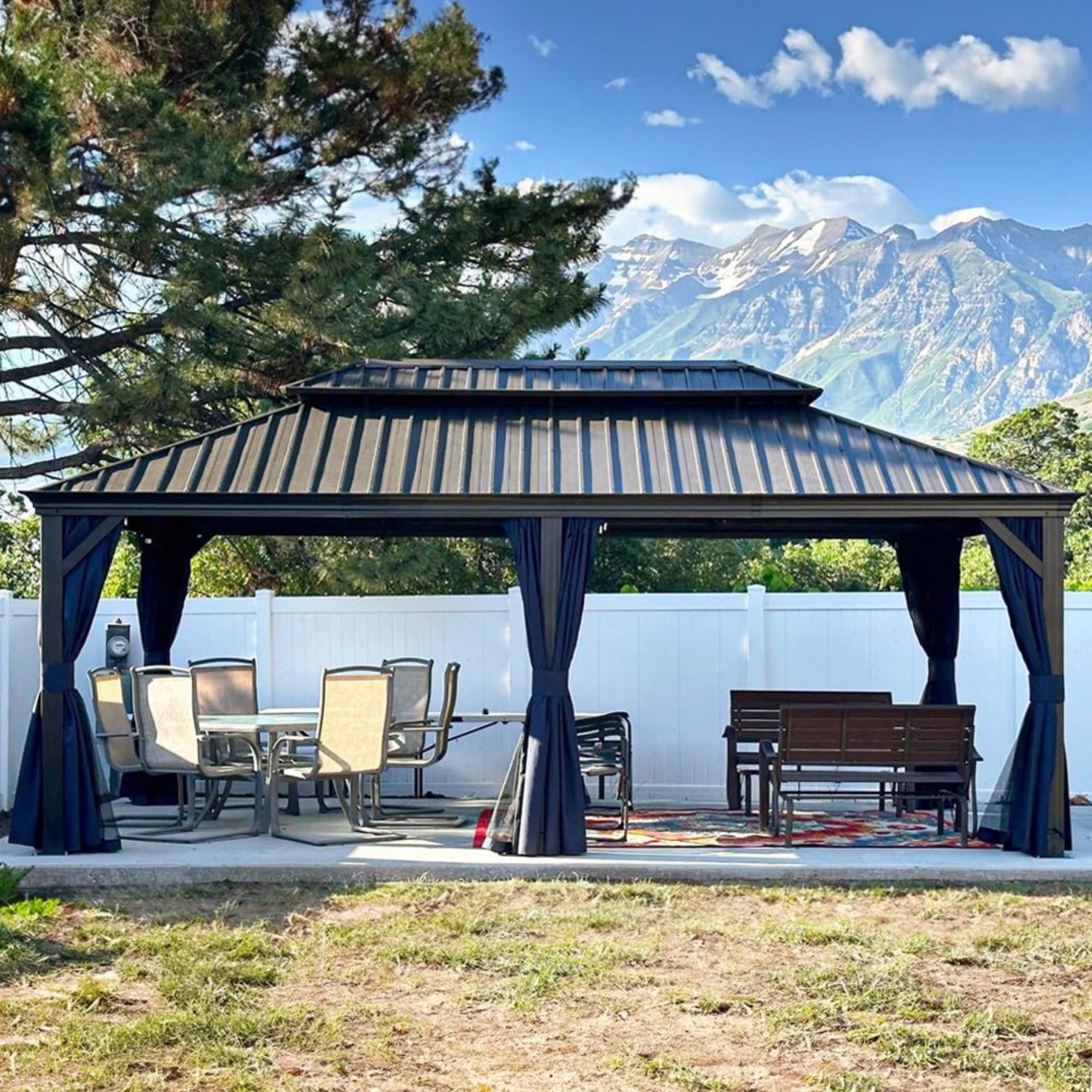 12' x 20' FT Heavy-Duty Outdoor Backyard Hardtop Gazebo With Netting And Curtains