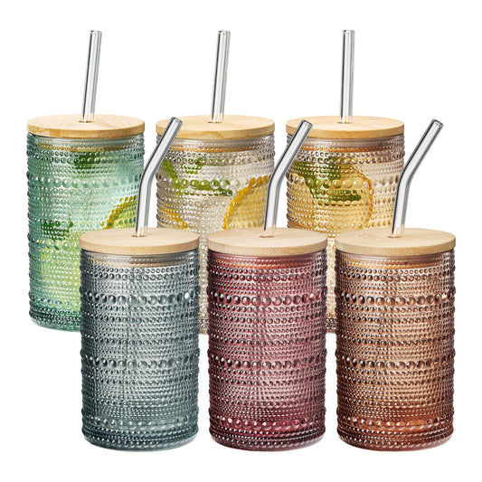 Tonal Hobnail Highball Glassware, with 6X Lids & Glass Straws, Set of 6