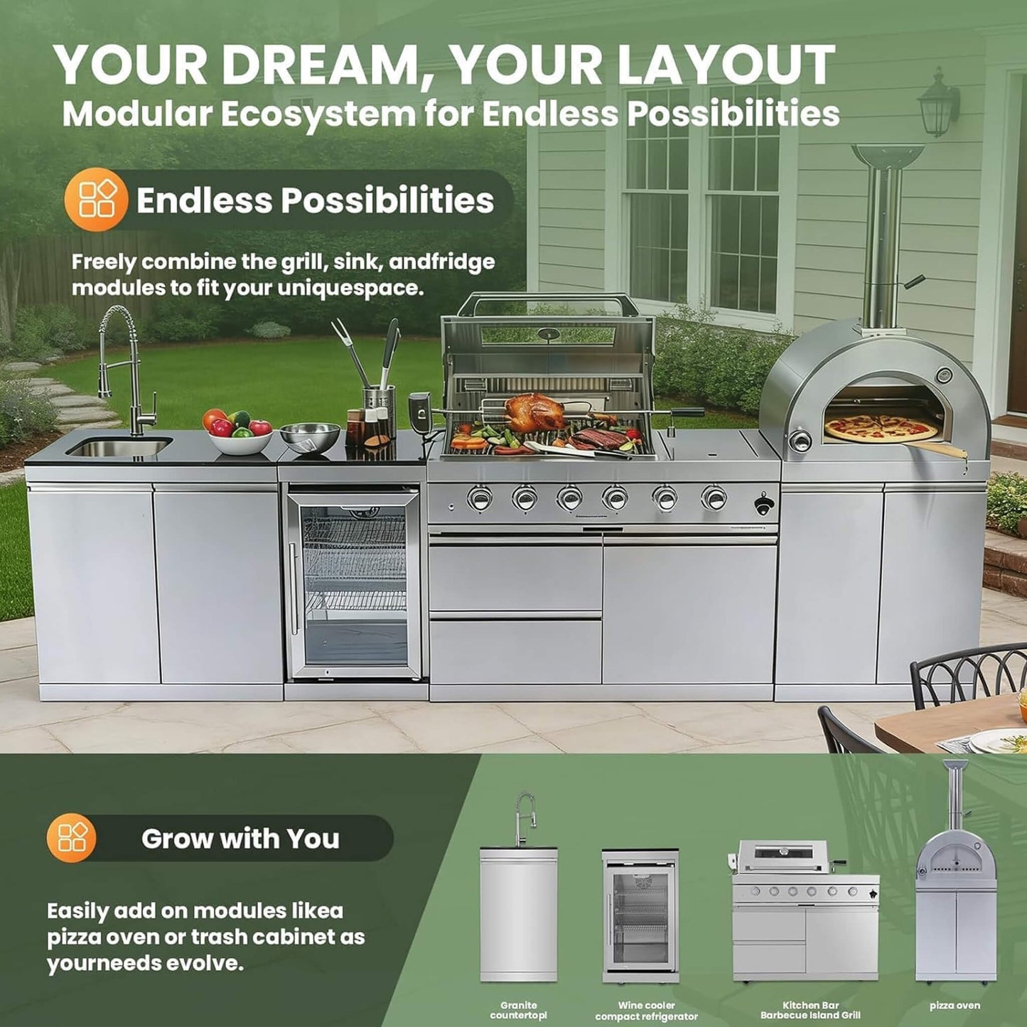 Blazon 125-Inch 4-Burner 108K BTU Outdoor Kitchen Island with Pizza Oven, Rotisserie & Refrigerator