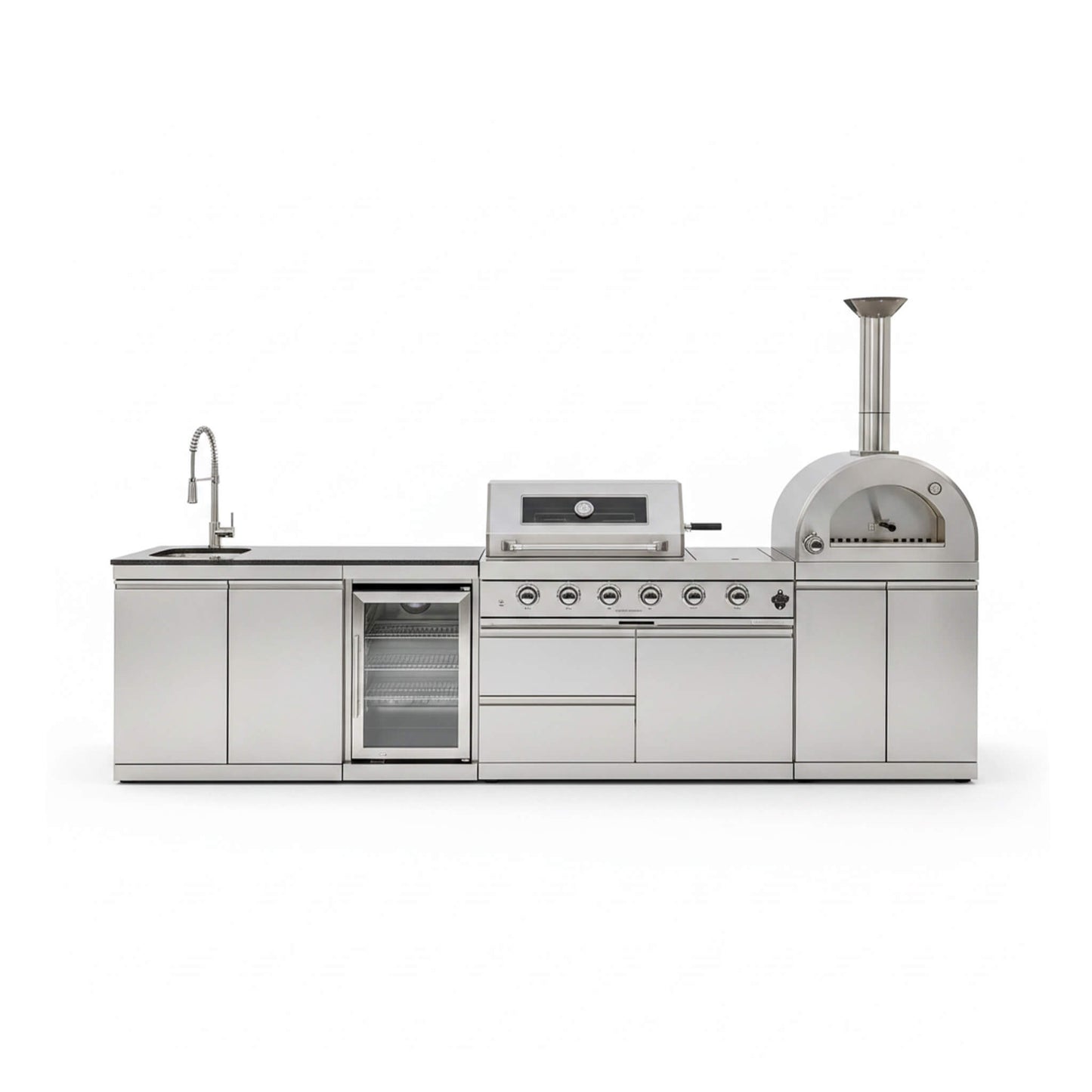 Blazon 125-Inch 4-Burner 108K BTU Outdoor Kitchen Island with Pizza Oven, Rotisserie & Refrigerator