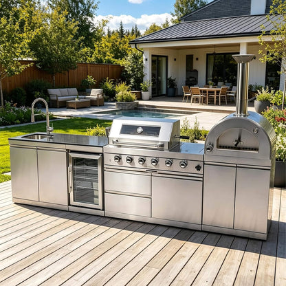 Blazon 125-Inch 4-Burner 108K BTU Outdoor Kitchen Island with Pizza Oven, Rotisserie & Refrigerator