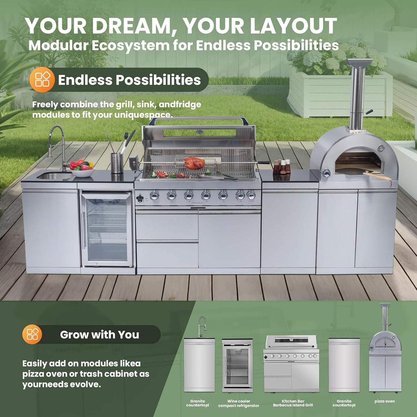 Blazon 128-Inch 6-Burner 120K BTU Outdoor Kitchen Island with Pizza Oven, Rotisserie & Refrigerator