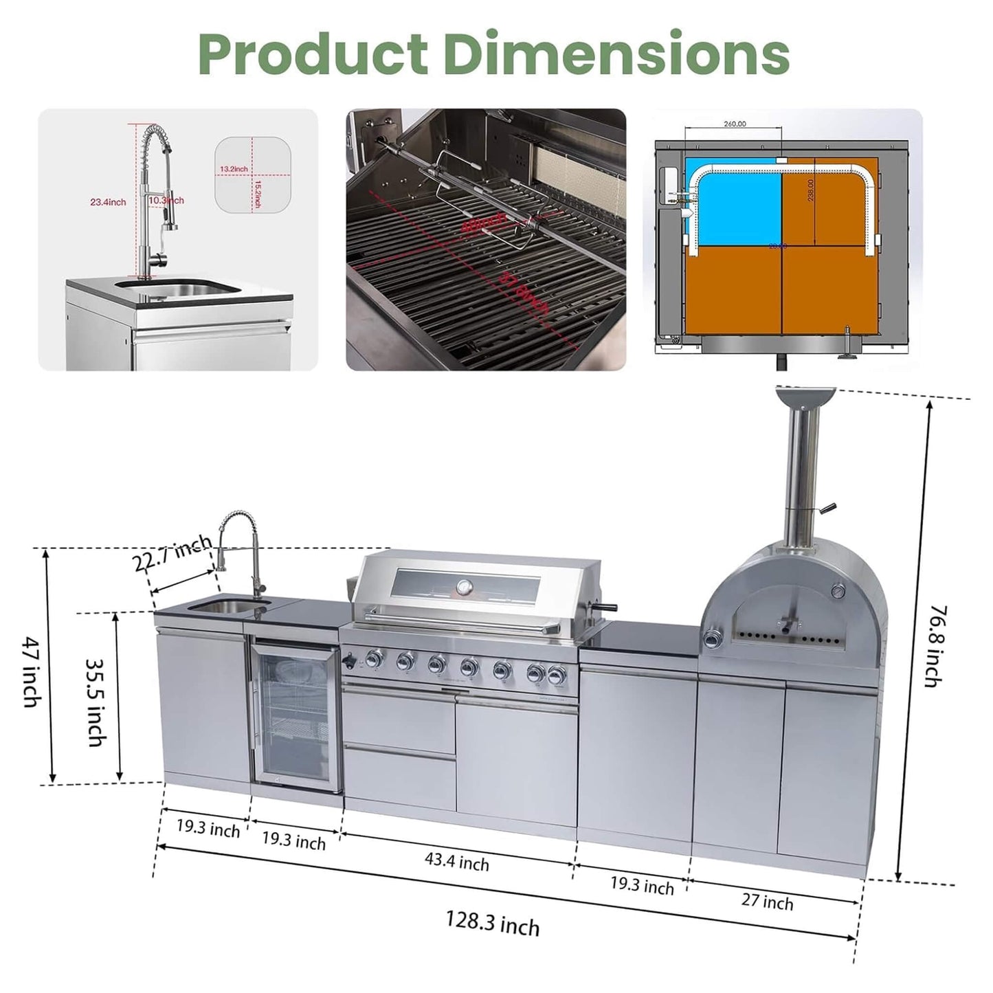 Blazon 128-Inch 6-Burner 120K BTU Outdoor Kitchen Island with Pizza Oven, Rotisserie & Refrigerator