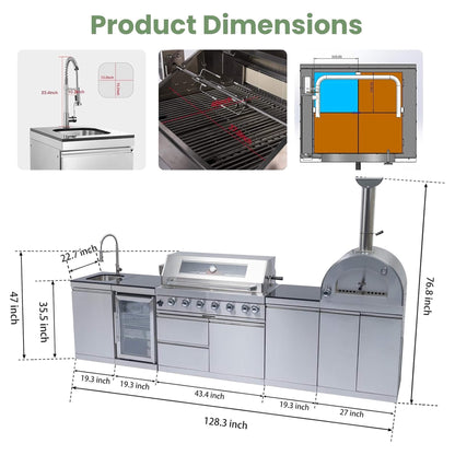 Blazon 128-Inch 6-Burner 120K BTU Outdoor Kitchen Island with Pizza Oven, Rotisserie & Refrigerator