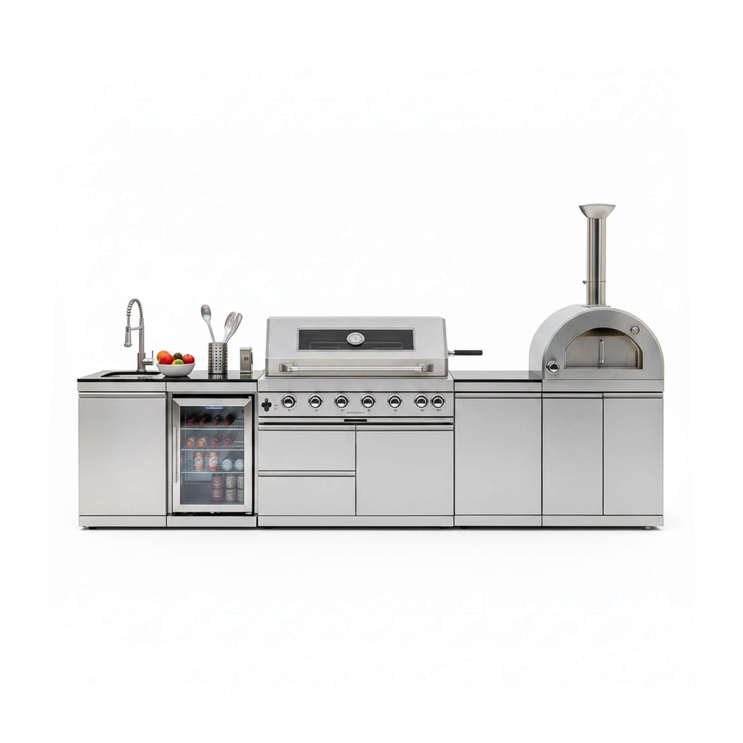 Blazon 128-Inch 6-Burner 120K BTU Outdoor Kitchen Island with Pizza Oven, Rotisserie & Refrigerator