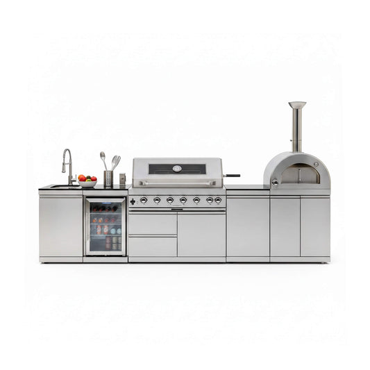 Blazon 128-Inch 6-Burner 120K BTU Outdoor Kitchen Island with Pizza Oven, Rotisserie & Refrigerator